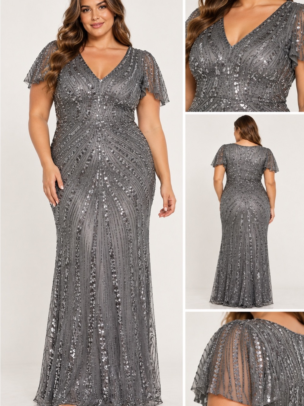 NWT Mac Duggal Flutter Sleeve Embellished Dress Pewter 16
